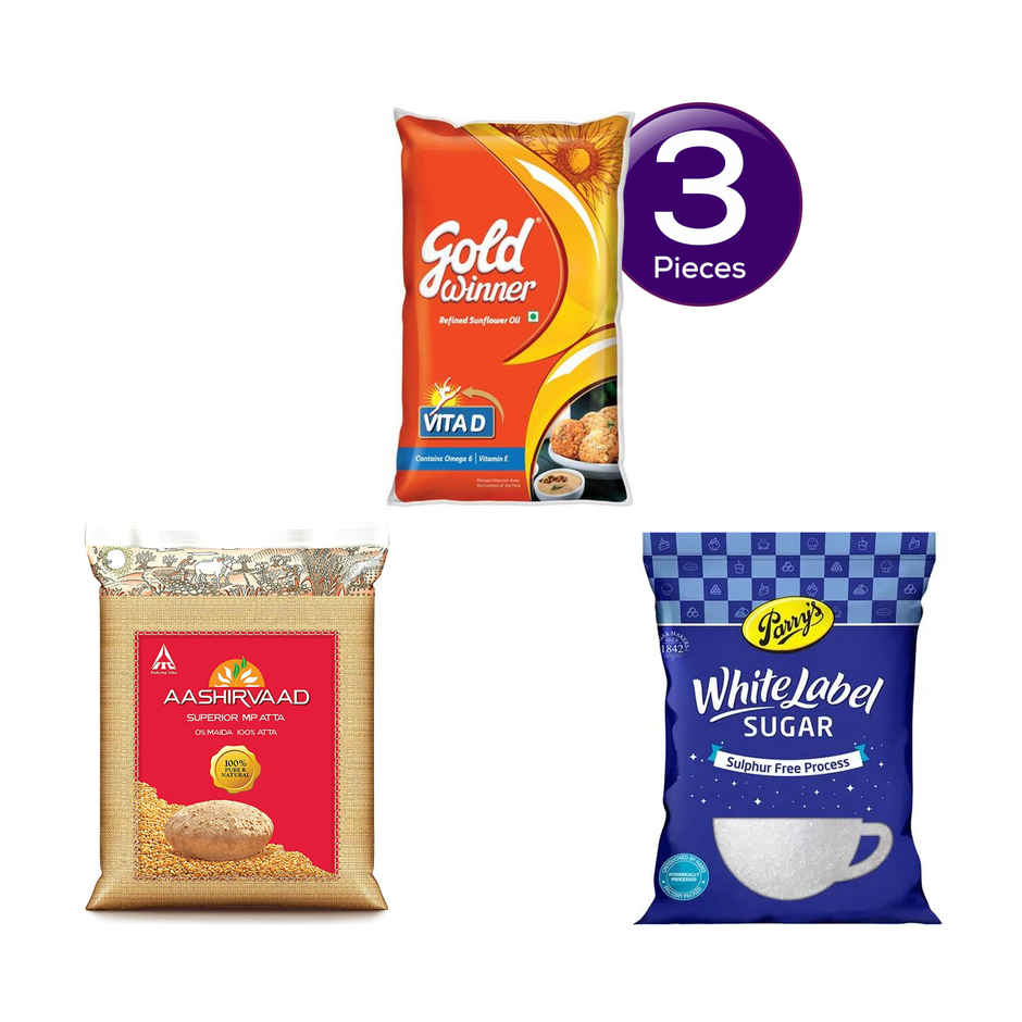 Gold Winner Refined Sunflower Oil (Pouch)(1 l), Aashirvaad Superior MP Whole Wheat Atta(5 kg) & Parrys White Label Sugar(1 kg) Combo