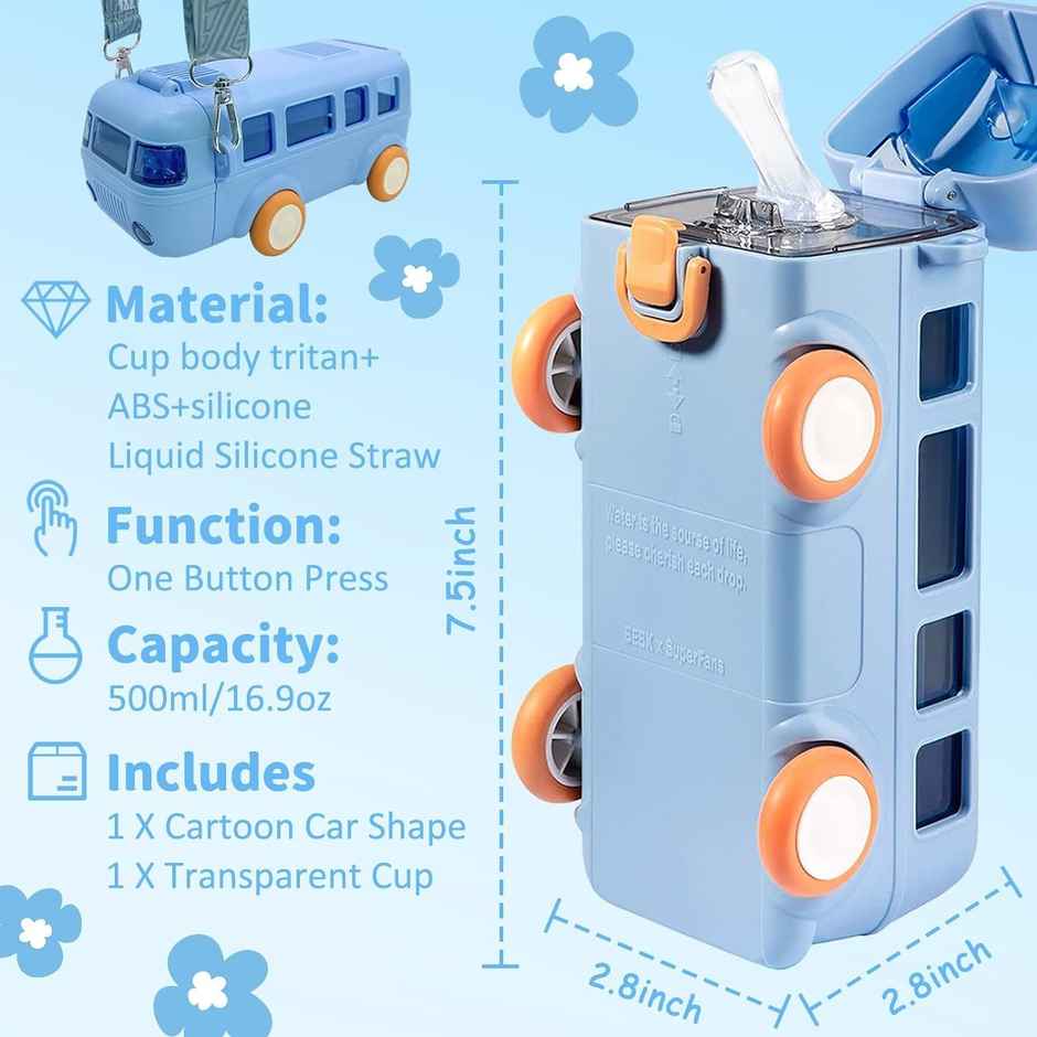 ReeQ Kid's Bus Shape Water Bottle | Blue - 500 ml