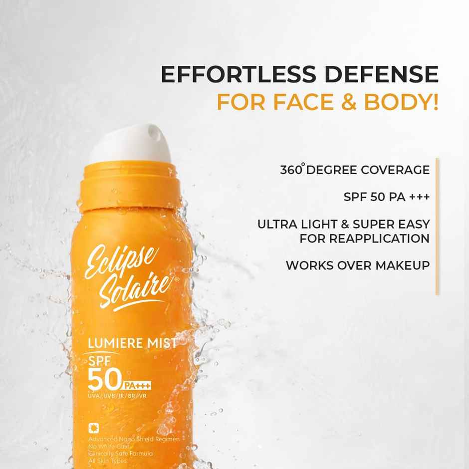 Eclipse Solaire Lumiere Mist Sunscreen Spray SPF 50 PA+++ UVA/ UVB/ IR / BR / VR | No White Cast