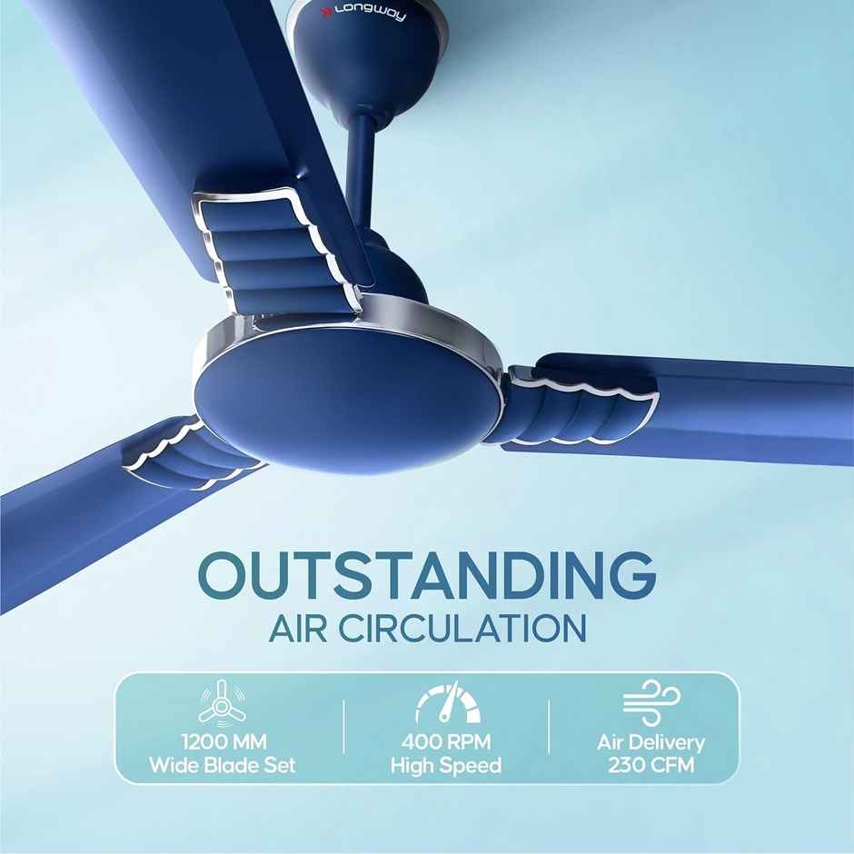 LONGWAY Wave P1 Ceiling Fan, 1200mm/48 inch, 400 RPM, Ultra High Speed,Star Rated,Silver Blue
