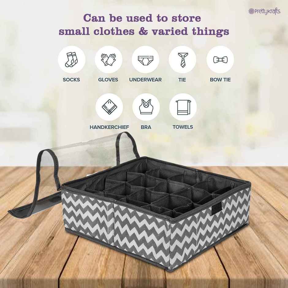 PrettyKrafts Fabric Innerwear Organizer | 15+1 Compartment Drawer Divider for Wardrobe - Black
