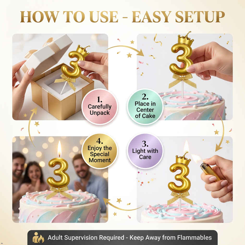 BeyondLuv Candles for Kids Birthday Party 3 Golden Number Candle With Crown