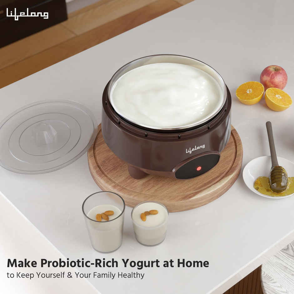 Lifelong LLECM09 Yogurt & Curd Maker for Home, 1 Litre Automatic Curd Maker with Auto Temperature Regulation, 304 Stainless Steel Container - Brown
