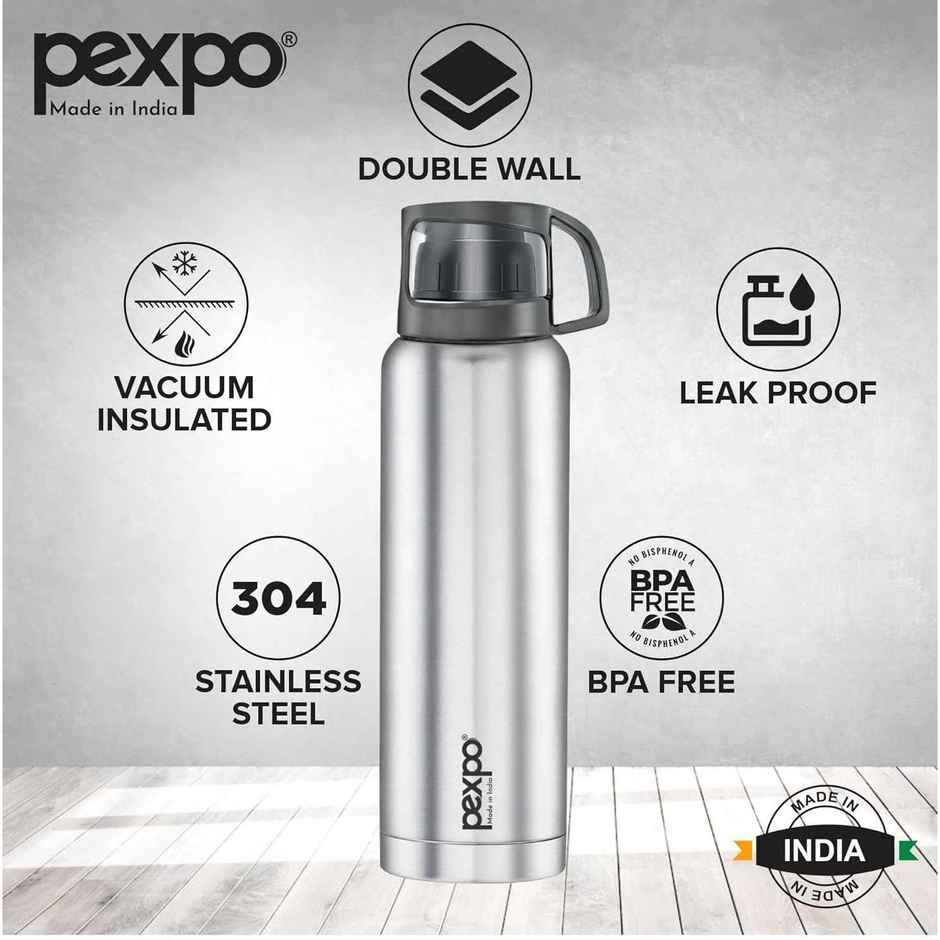 Pexpo Ferrero ISI Certified Vacuum Insulated Hot/Cold Steel Flask With Jute Bag | 1.5 L | Silver