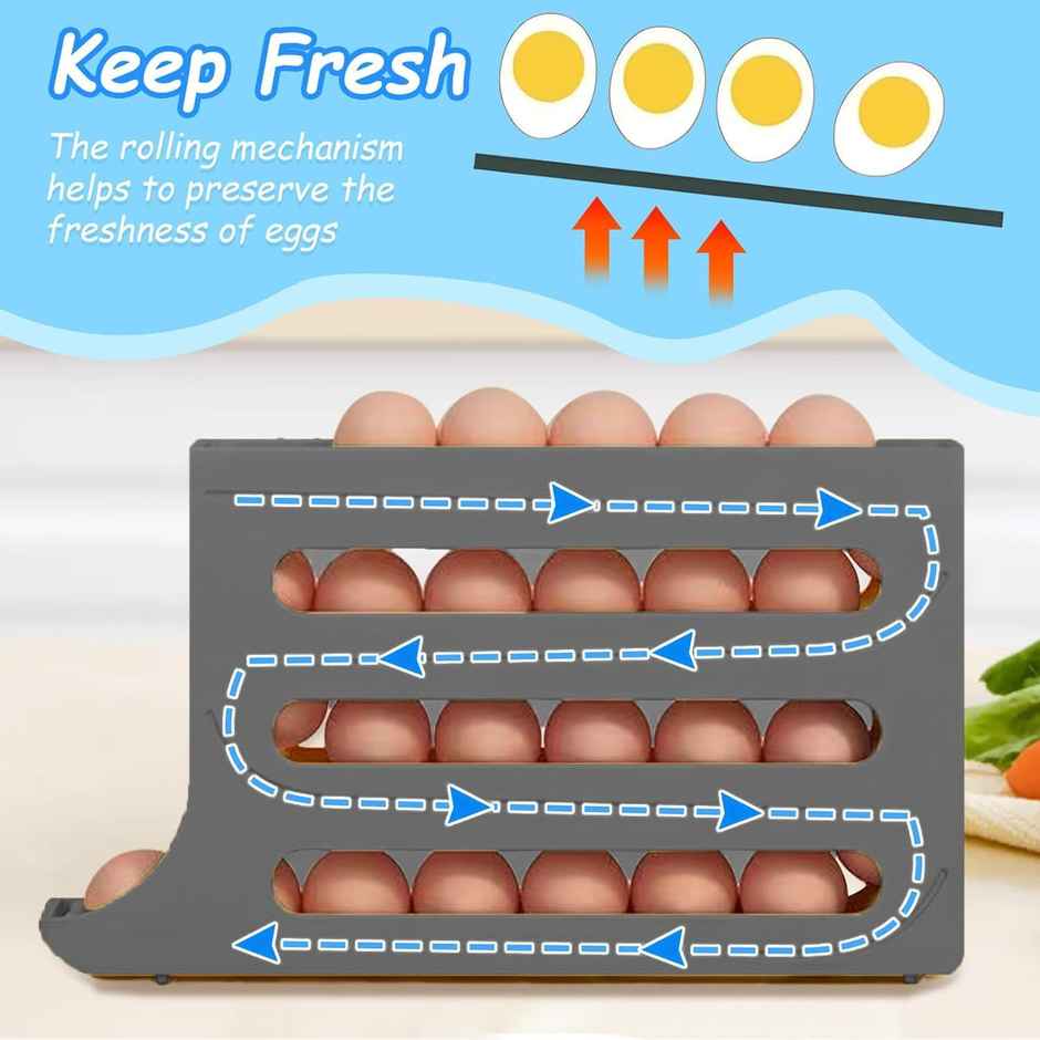 Zedak Plastic 3 Tier Roll Down Egg Storage Box | Grey - 1 pc