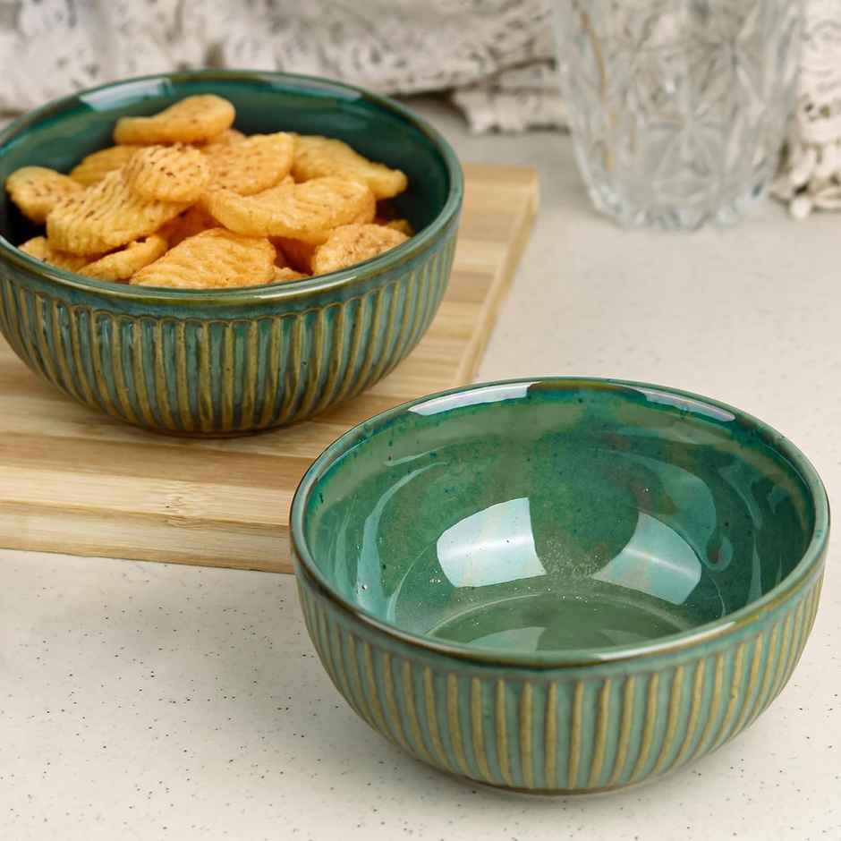 The Earth Store Glam Green 2Pc Ceramic Bowl Gift Set, 500 ml Each Microwave Safe, Snack Serving