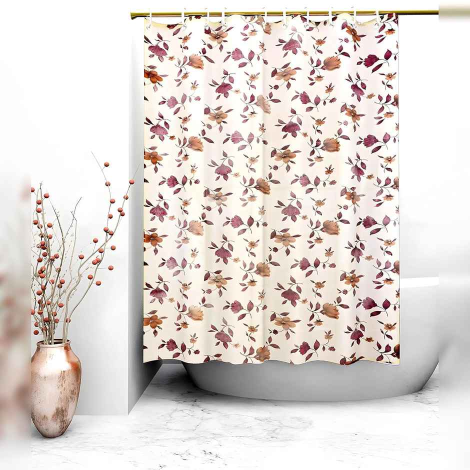 Kuber Industries Leaf Design PVC Shower Curtain with 8 Hook|Size 7 Feet (Cream | Washable)