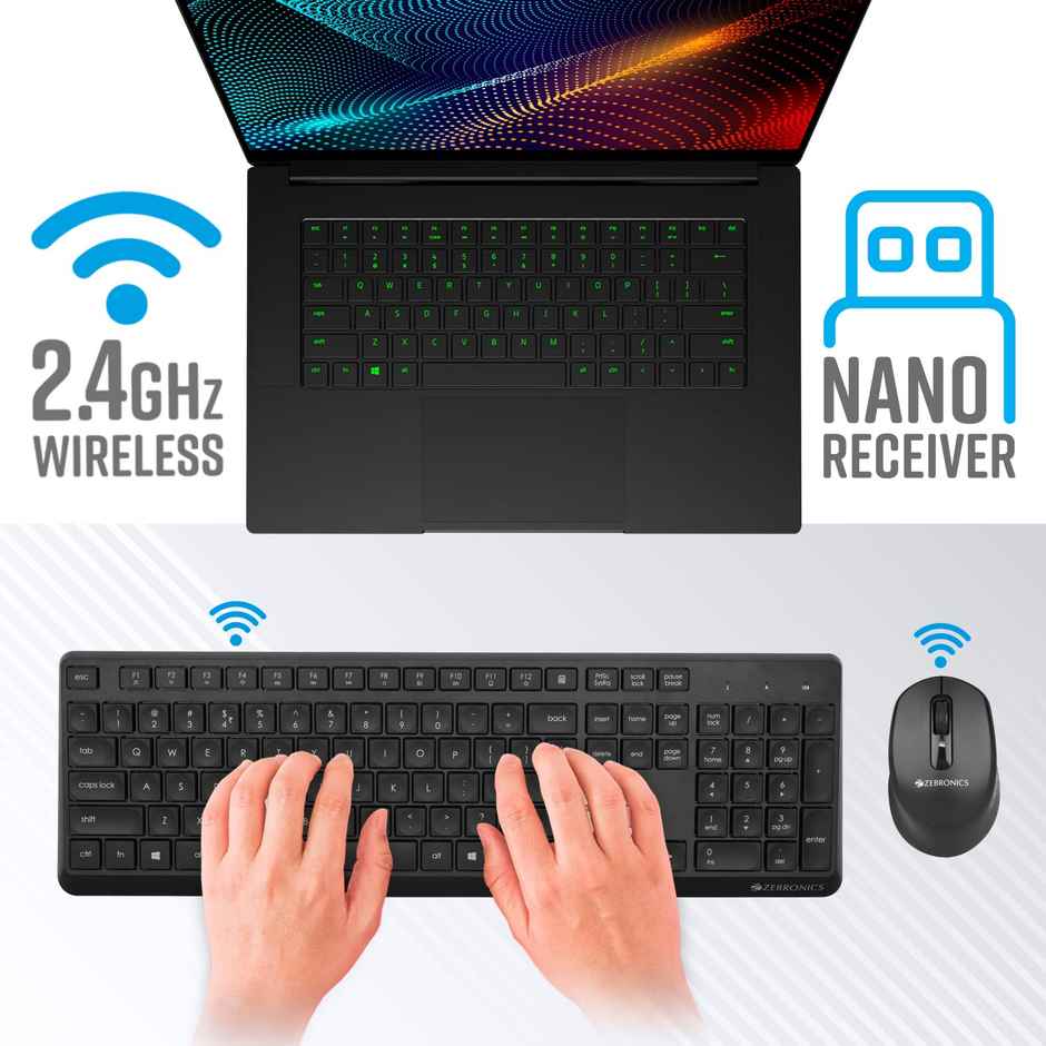 Zebronics Companion 200 Wireless Combo with Silent Operation Mouse, Full Size Keyboard, 1600 DPI, Integrated Multimedia, ON/Off, Power Saving Mode, 2.4GHz Nano Receiver and Plug Play Usage - Black