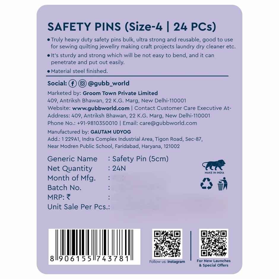 GUBB Safety Pin - Size 4 | Pack Of 24