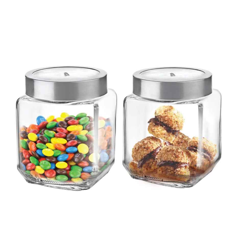 Cello Qube Fresh Glass Storage Jar Container With Air Tight Silver Metal Lid Multipurpose Jar Clear