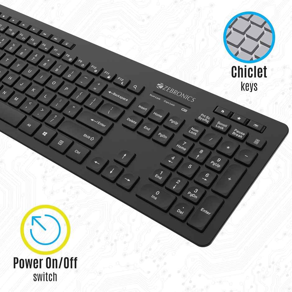 Zebronics Zeb-Companion 500 2.4GHz Wireless Keyboard & Mouse Combo, USB Nano Receiver, Chiclet Keys, Ultra Silent, Power On/Off Switch, Rupee Key, for PC/Mac/Laptop - Black