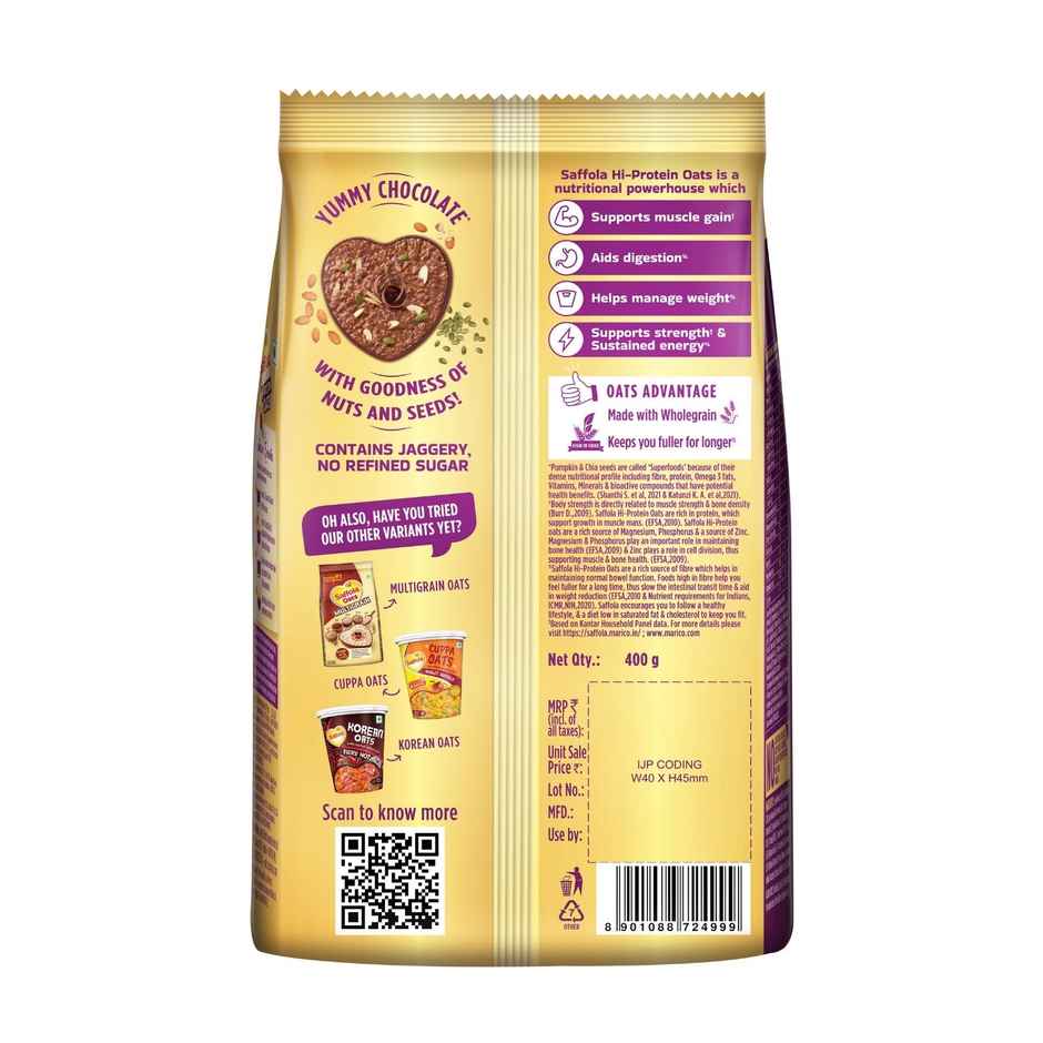 Saffola 25g High Protein Oats | 14g Fibre | No Refined Sugar | Chocolate Flavour