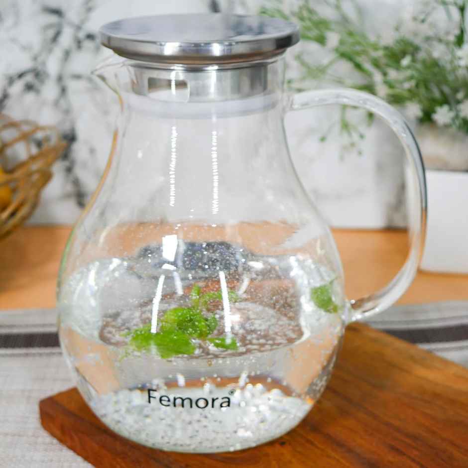 Femora Borosilicate Glass Water Jug With Handle Juice Beverage Carafe 1.8 Ltr (Bpa Free)