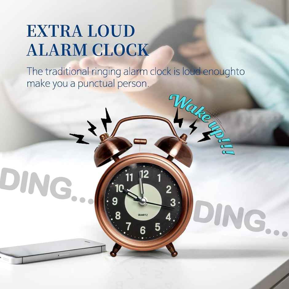 Perpetual Alarm Analog Clock | Non-Ticking Quartz with Backlight | Vintage Neon Copper - 11.4 cm