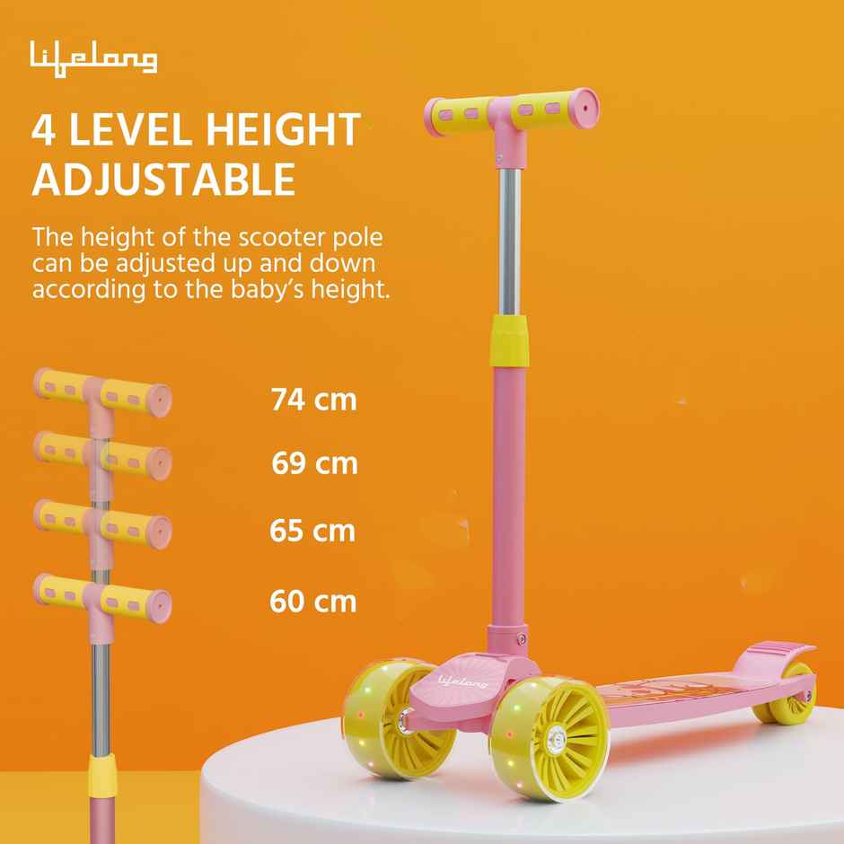 Lifelong Foldable Kids Scooter with LED Wheels | Max 50kg | Pink & Yellow