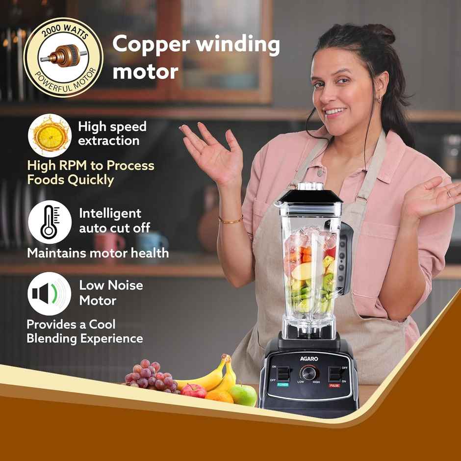 Agaro Grand Professional Blender Mixer Grinder | 2000 W | 2 L Jar | 100% Copper Motor - Black