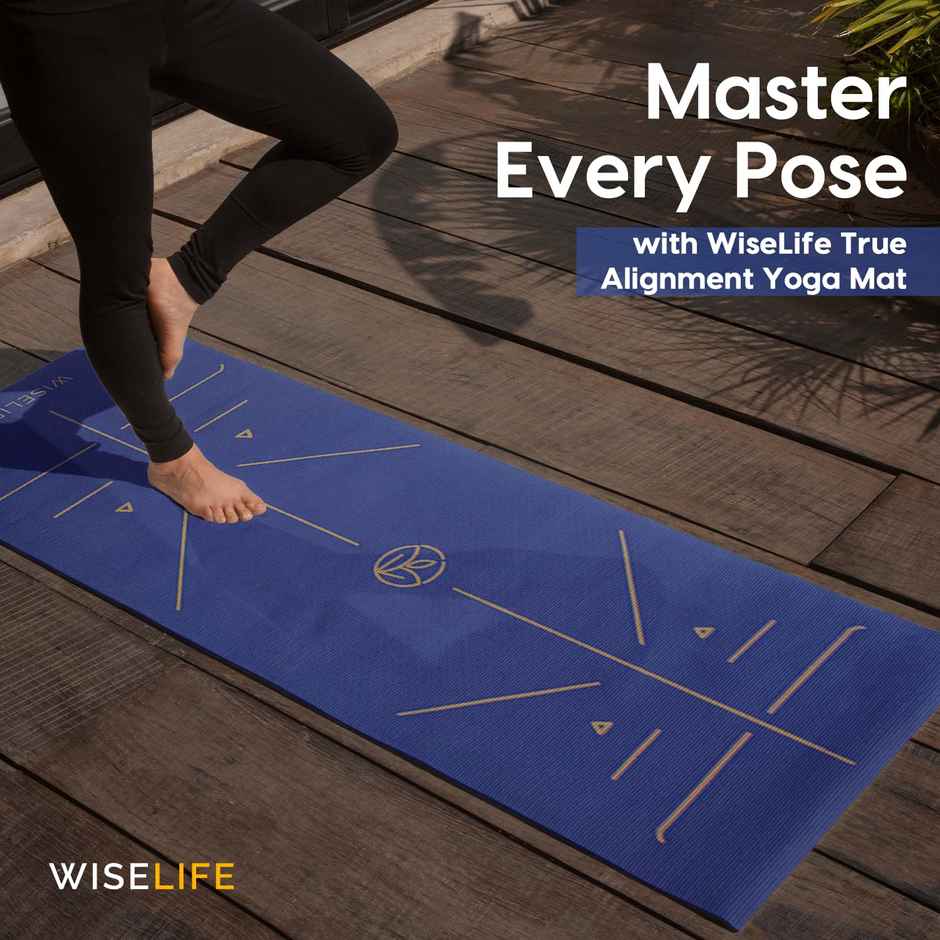 Wiselife Tru Body Alignment Yoga Mat + Sleek Yoga Strap - Navy Blue