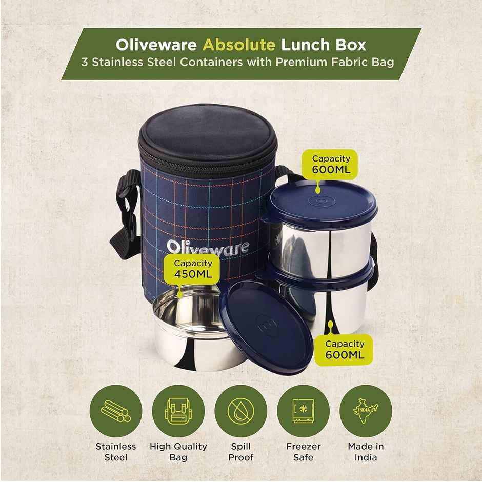 Oliveware Absolute Lunch Box, 3 Stainless Steel and Leak Proof Containers with BPA Free Lids- Blue