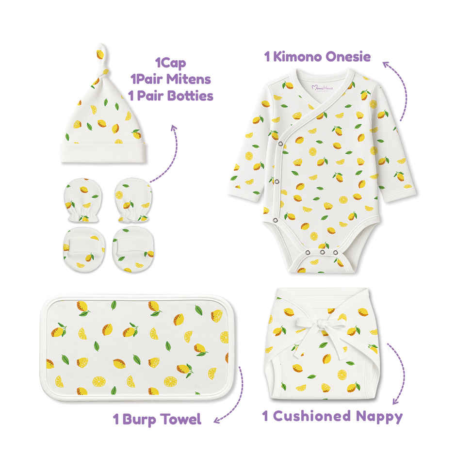 Moms Home Organic Cotton New Born Gift Set | 0-3 Months | 7 Items | Lemon