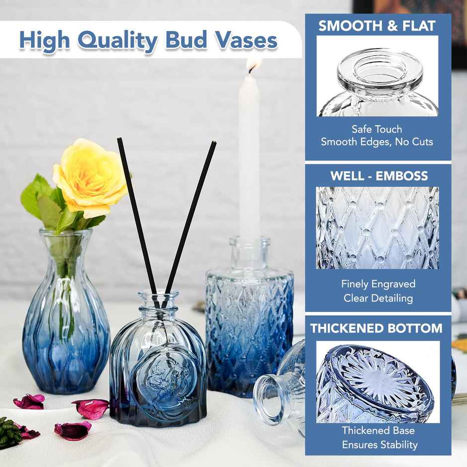 Ekhasa Crystal Blue Glass Bud Vases Flower Pots For Home Decoration | Set Of 5