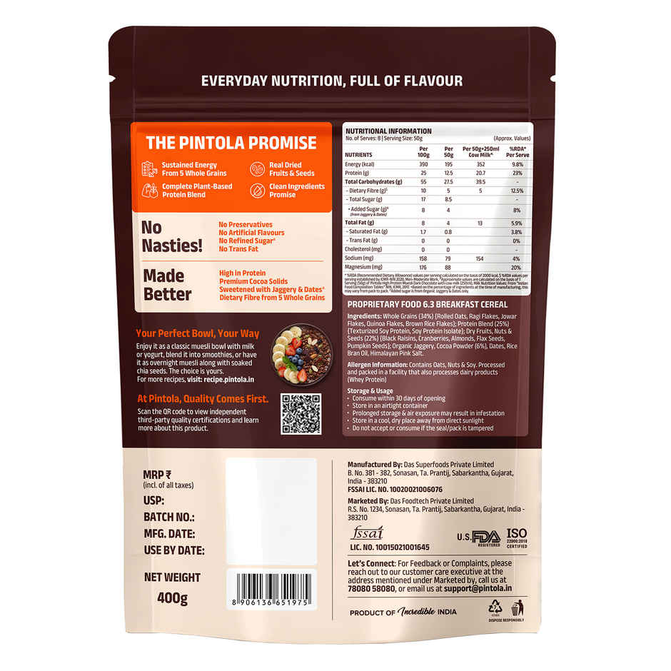 Pintola 25g High Protein Muesli Dark Chocolate & Cranberry, Trans Fat Free