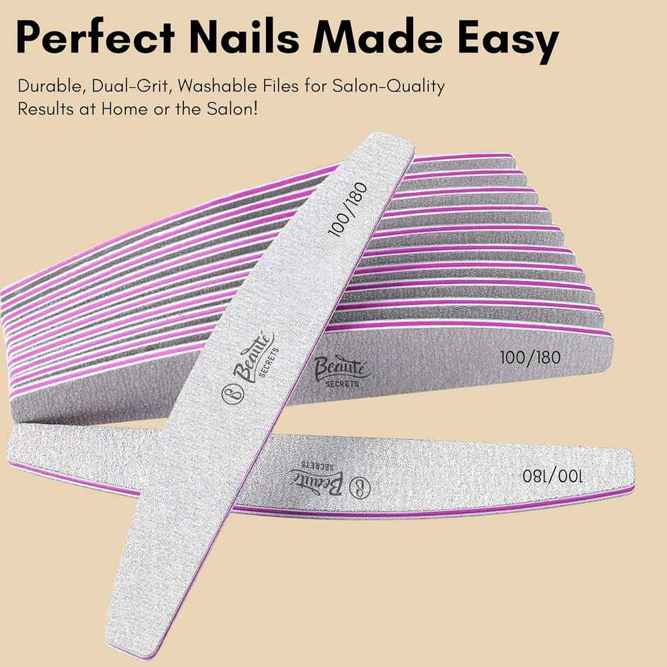 Beaute Secrets Professional Nail File Set Curved Fingernail with 100/180 grit Set of 10