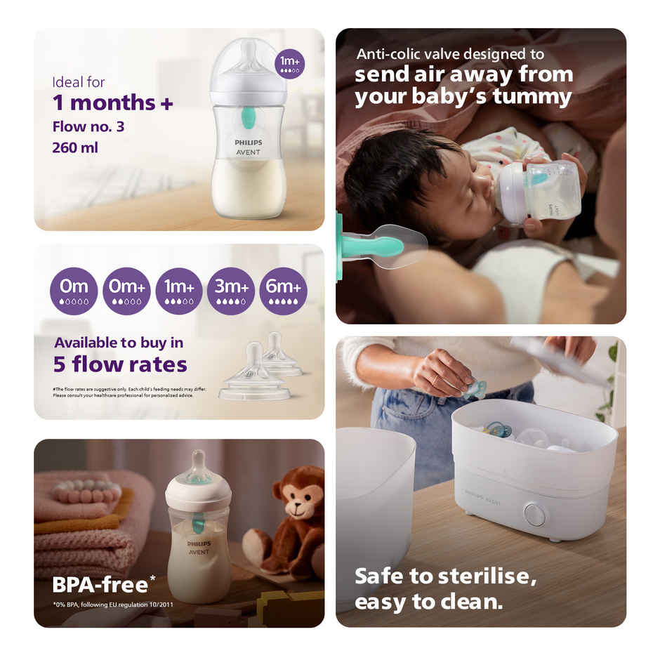 Philips Avent Natural Baby Feeding Bottle with Airfree Vent| 1m+| 260ml | SCY673/01