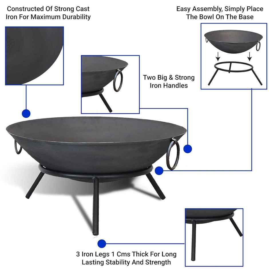 Trustbasket Heavy Gauge Campfire Bowl For Outdoor Bbq & Camping | With Round Iron Stand | Black