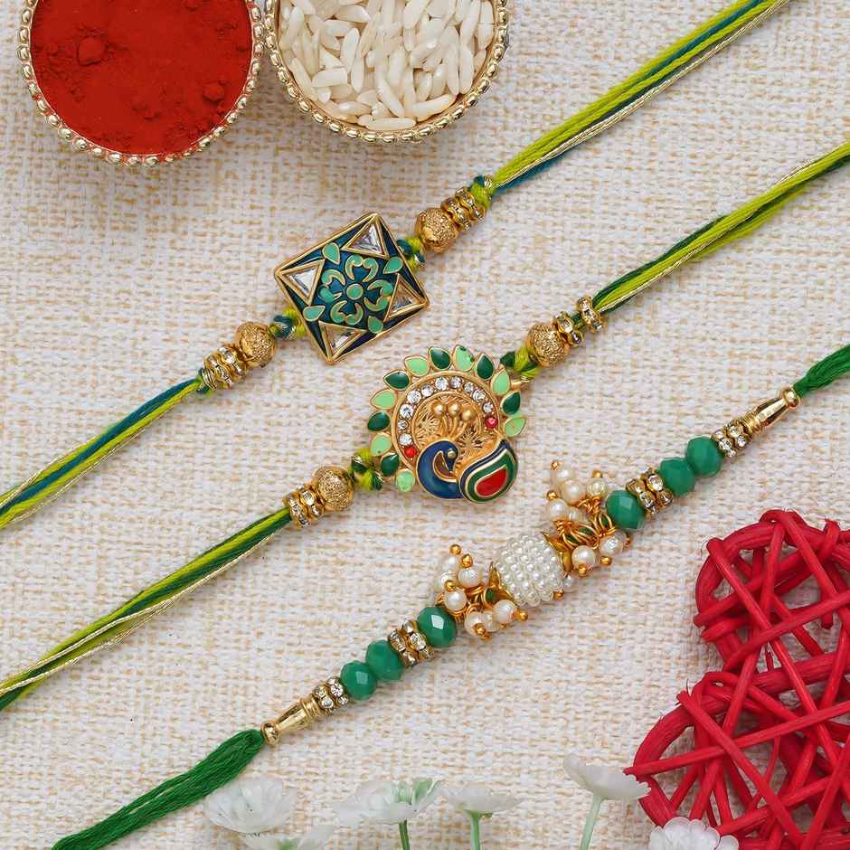 Rakhi for Brother | Peacock, Flower, Beads & Pearls | Stone | Includes Roli Chawal | Pack of 3 | Ecraftindia