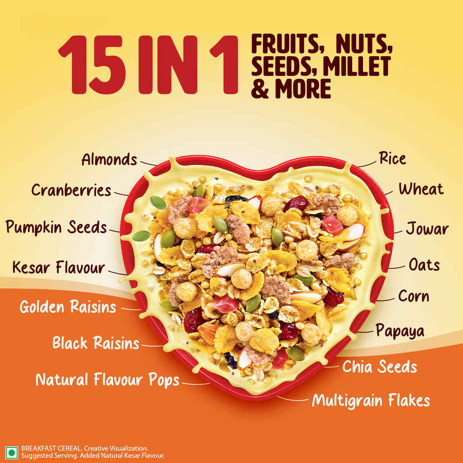 Saffola Muesli Kesar Crunch With Flavour Pops, Fruits, Nuts, Seeds, Millets (15 In 1)