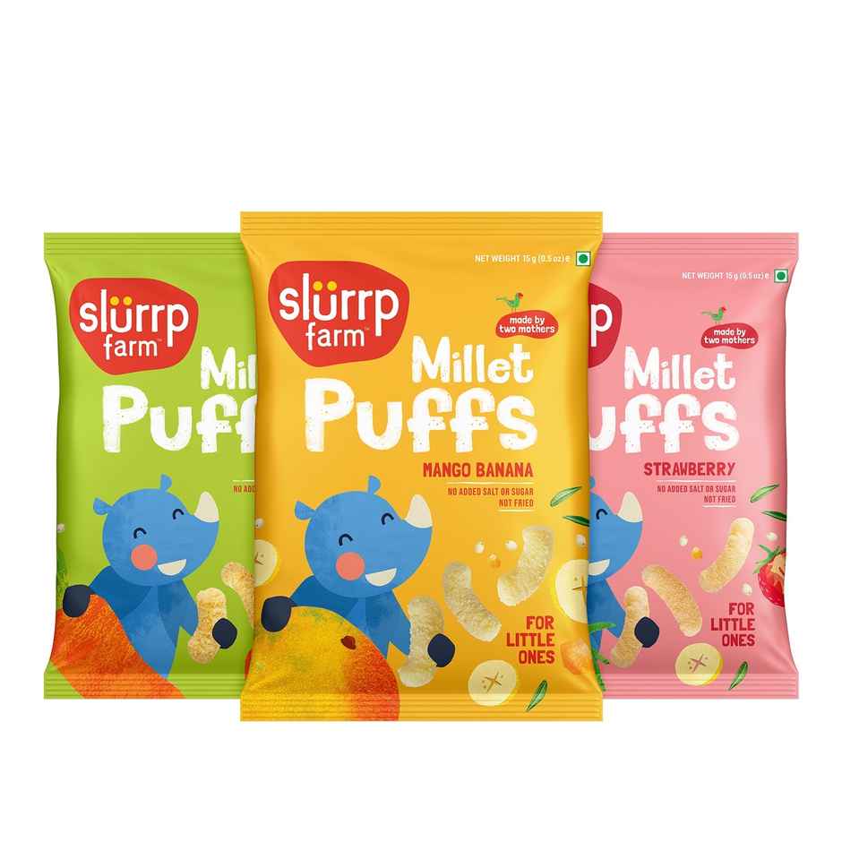 Slurrp Farm Teething Puffs Pack Of 3 | Strawberry, Carrot, Mango Banana