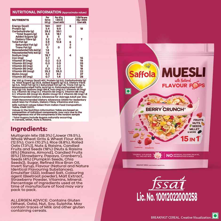 Saffola Muesli Berry Crunch With Flavour Pops, Fruits, Nuts, Seeds, Millets (15 In 1)