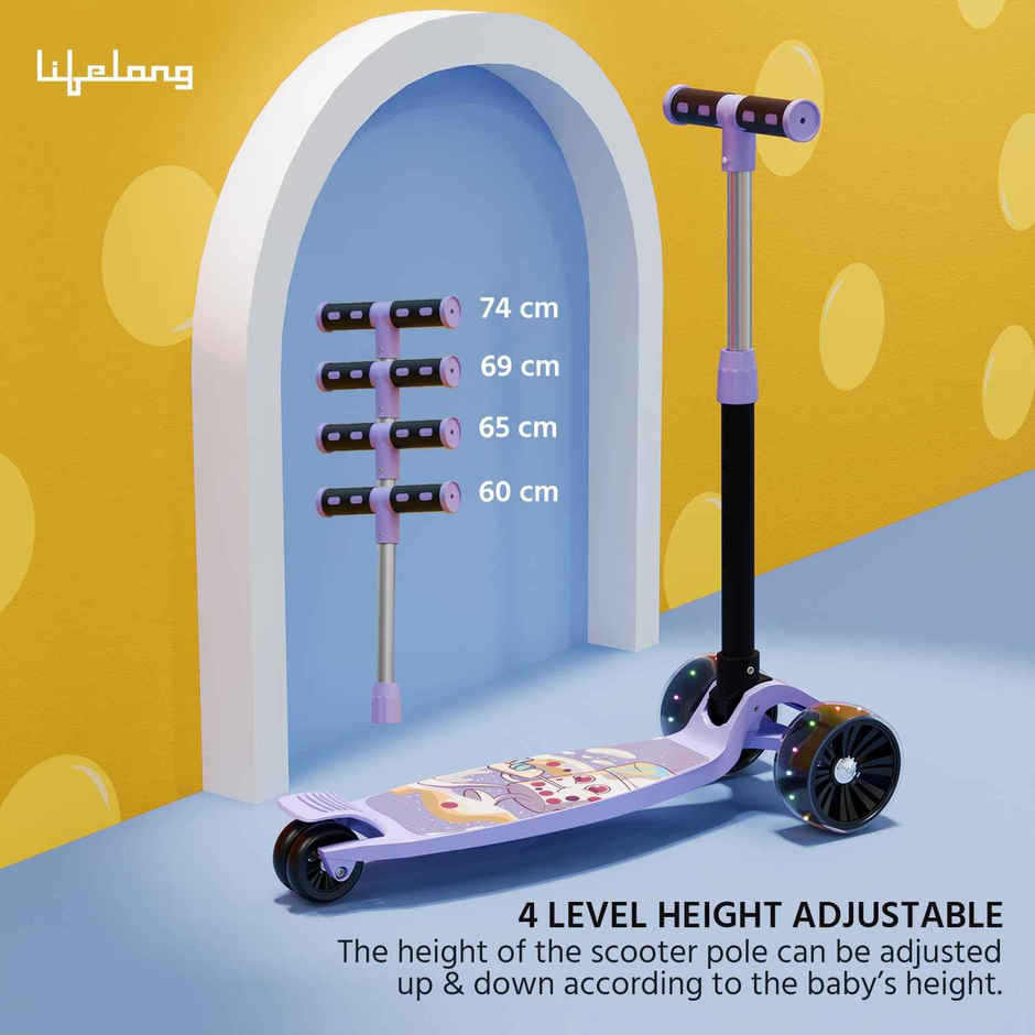 Lifelong Kick Scooter with Adjustable Height & LED Wheels for Kids | Max 50kg | Purple & Black
