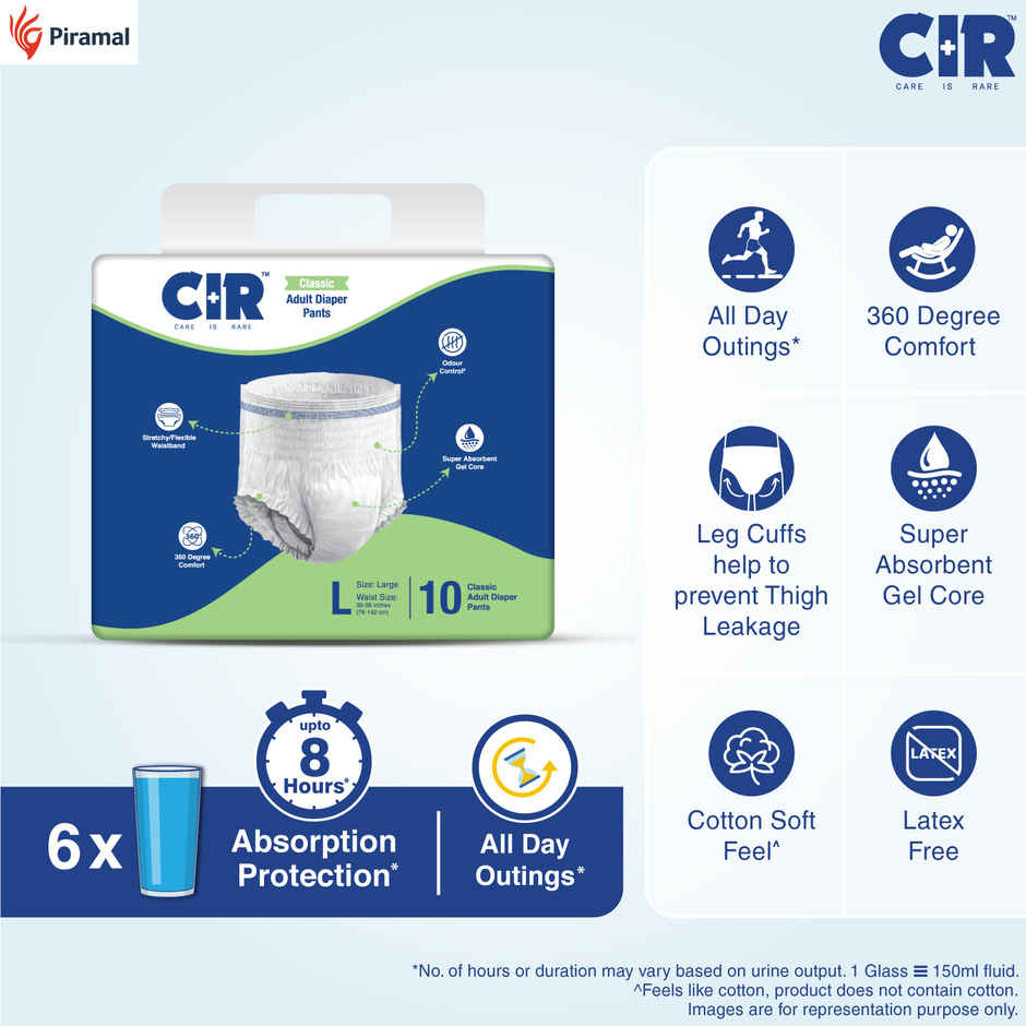 CIR Classic Adult Diaper Pants Style 8 hr Absorption Protection Odour Control Cotton Soft Feel | L