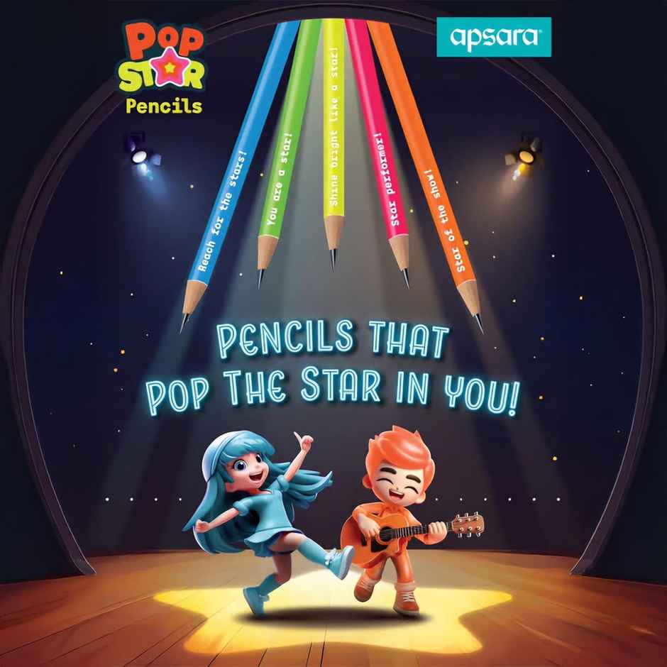 Apsara Popstar Pencils 5 Neon Shades With Extra Dark Lead & Star Rubber Tip