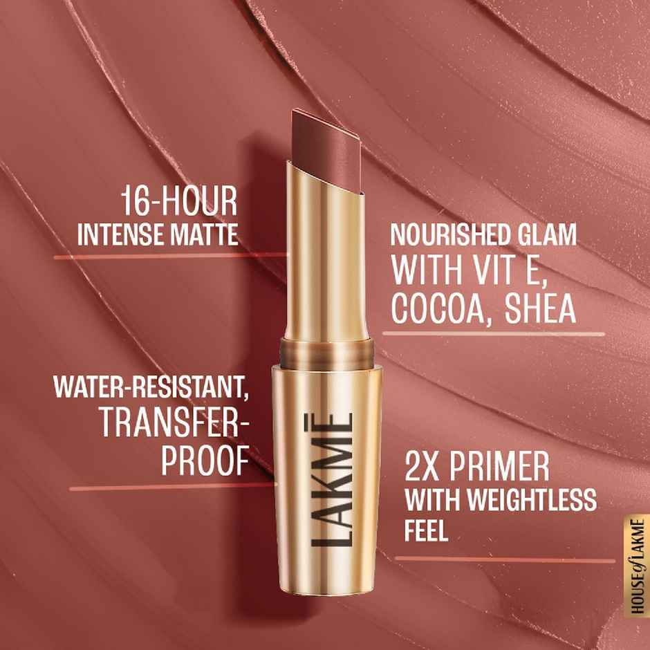 Lakme 9to5 Powerplay Priming Matte Lipstick, Lasts 16hrs, Nude Touch