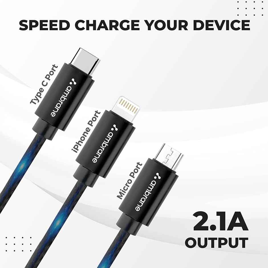 Ambrane Trio-11 Unbreakable 3 in 1 USB Fast Charging USB Cable with Type C, Lightning, Micro USB Port with 2.1 A, Compatible with iPhone, iPad, Samsung, OnePlus, Mi, Oppo, Vivo, Xiaomi, 1.25M - Black