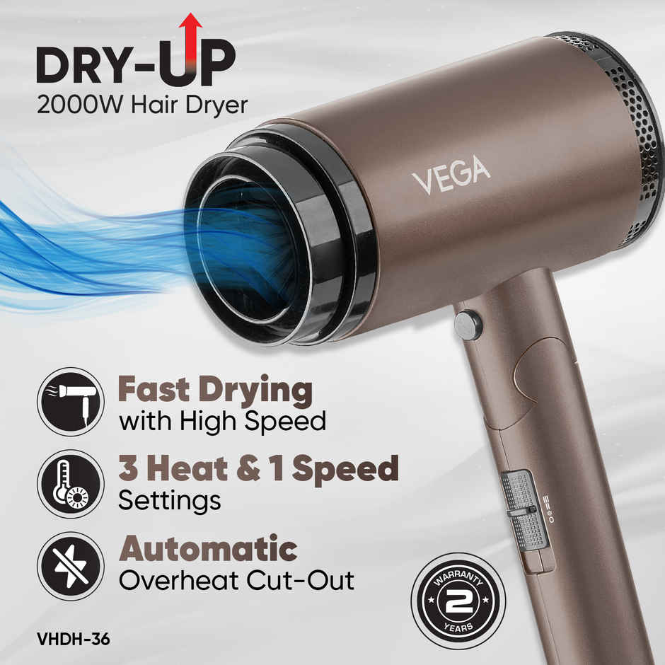 Vega Dry Up Hair Dryer | 2000W | 3 Heat & 1 Speed | Cool Shot | VHDH-36