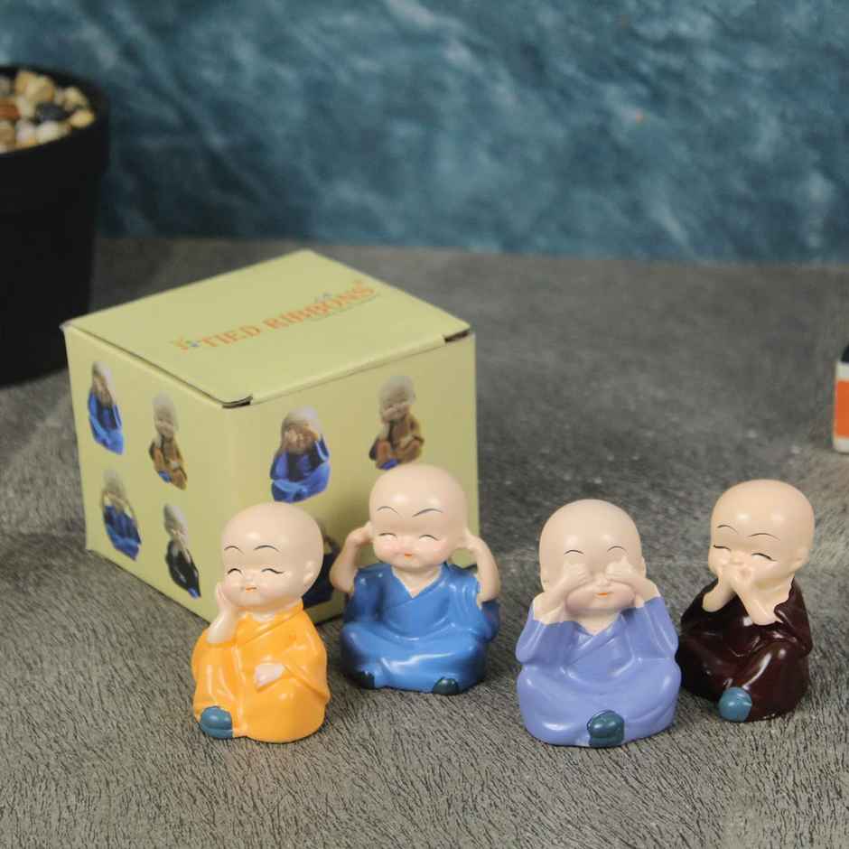 Tied Ribbons Miniature Buddha Monks For Home Decor & Car Dashboard | Polyresin | Multicolor