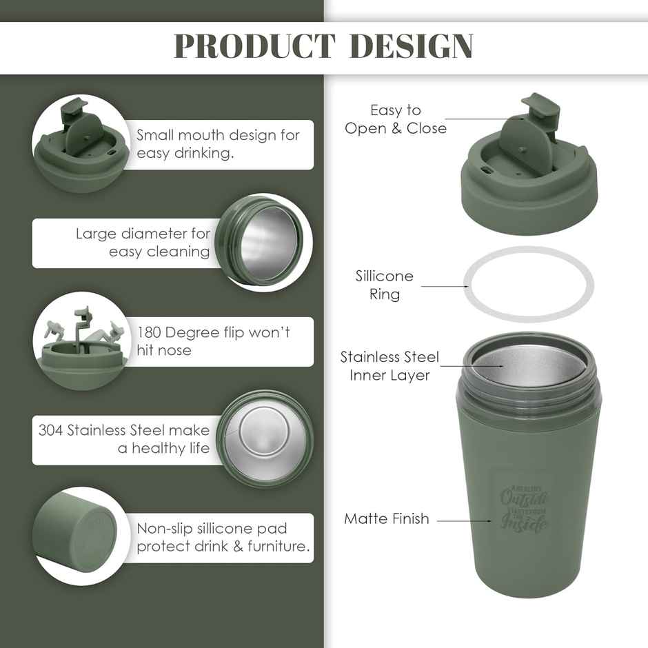 Jaypee ZIPSIP PU Insulated Stainless Steel Coffee Tumbler | Hot & Cold | Green | 385 ml