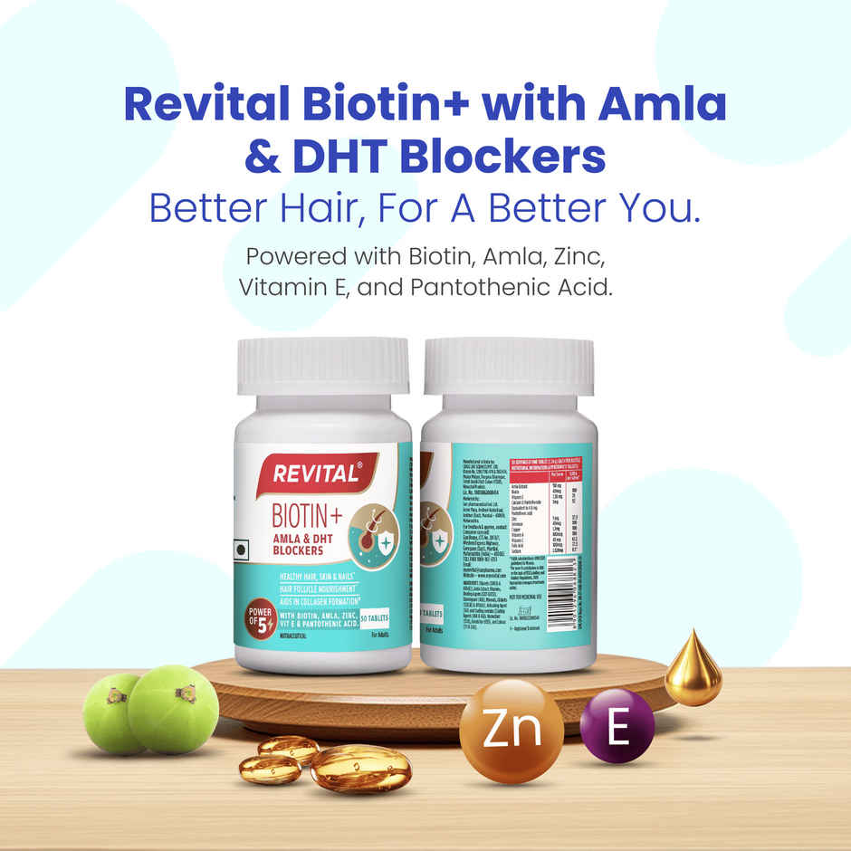 Revital Biotin with Zinc + DHT Blockers for Hair Growth | Vitamin E & Pantothenic Acid | 50 Tablets