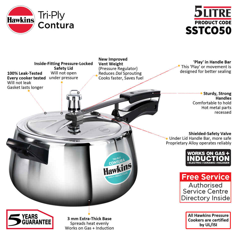 Hawkins Triply Contura Pressure Cooker | 5 L | Silver | SSTCO50