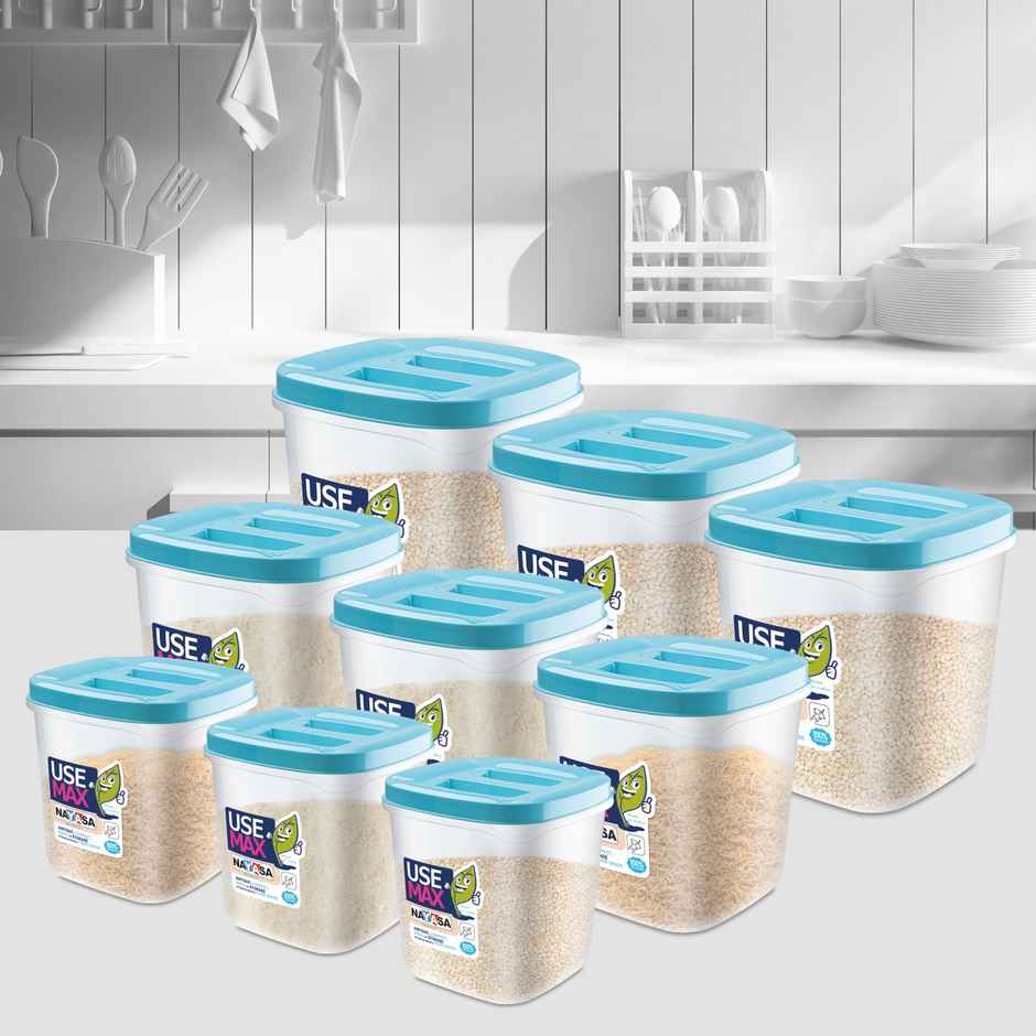 Nayasa Use Max Container Set | Airtight & BPA Free |Blue - 550 ml x 3, 1000 ml x 3, and 1500 ml x 3