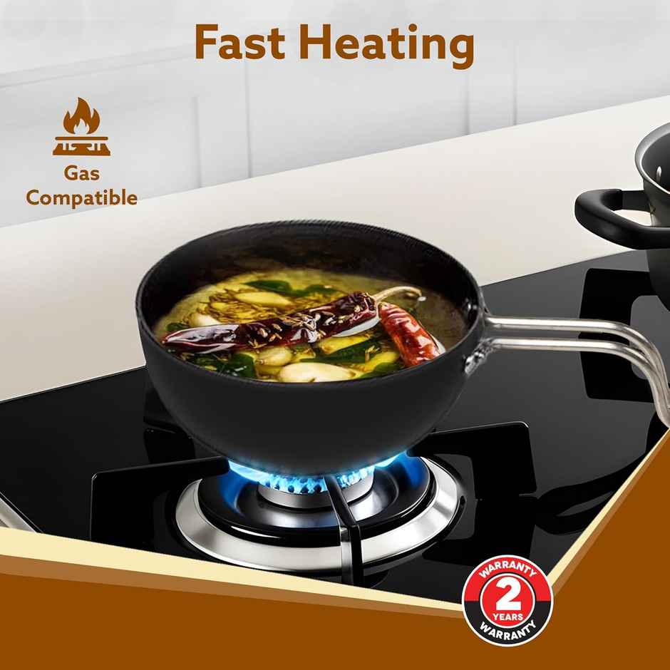 Agaro Elite Hard Anodised Tadka Pan, Riveted handle, 4 mm thick plate, Gas Oven Compatible