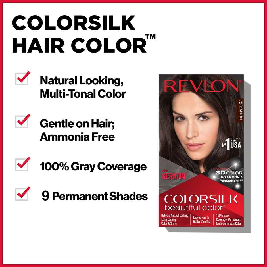 Revlon ColorSilk Hair Color with Keratin - 2N Brown Black - (with Outrageous Shampoo 90 ml)
