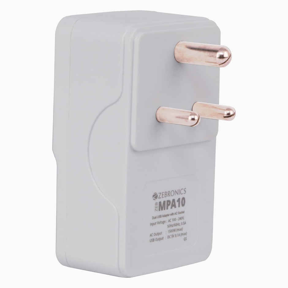 Zebronics MPA10 | Dual USB Adapter & Universal AC Wall Charger | 1500W AC + 15W DC | USB | White