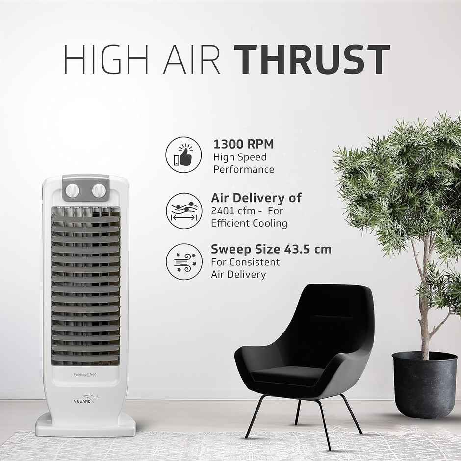 V-Guard Veemagik Neo 17 (43.5Cm) Tower Fan | 1300 Rpm, 2401 Cfm Air Flow | Grey White