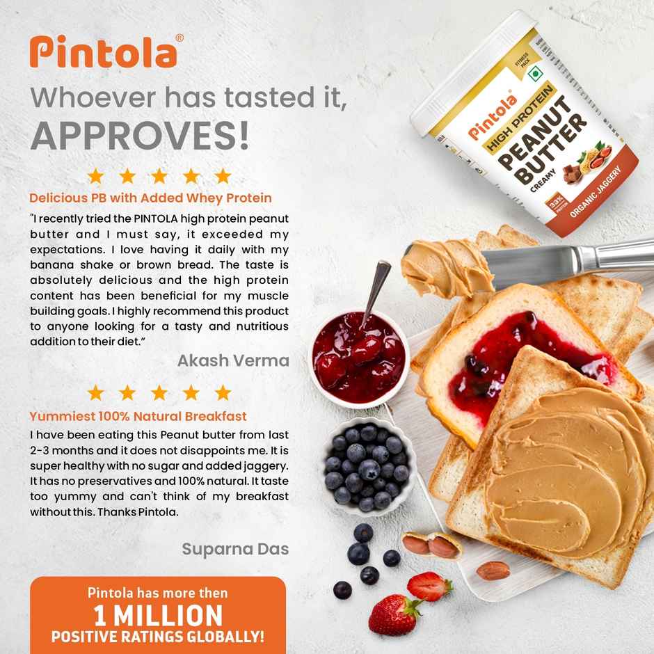 Pintola High Protein Organic Jaggery Peanut Butter Creamy With 33G Protein & 7G Fiber