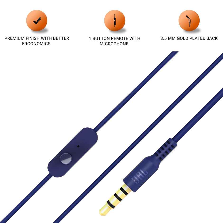 JBL C200SI, Premium in Ear Wired Earphones with Mic, 3.5mm Audio Jack, Signature Sound, One Button Multi-Function Remote, Premium Metallic Finish, Angled Earbuds for Comfort fit - Blue