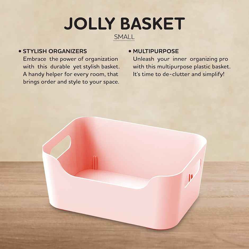 Kolorr Jolly Plastic Medium Basket With Handle For Storage Box|Pack Of 3 - Pink